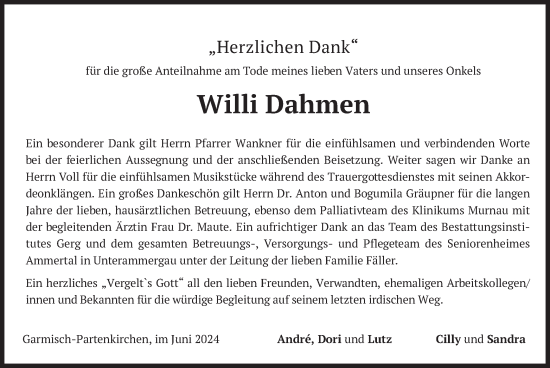 Todesanzeige von Willi Dahmen von merkurtz