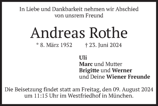 Todesanzeige von Andreas Rothe von merkurtz