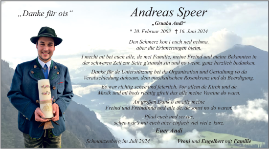 Todesanzeige von Andreas Speer von merkurtz