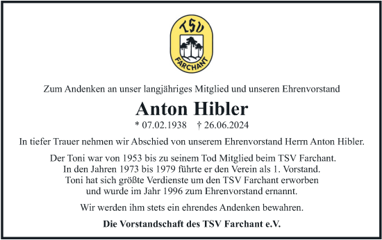 Todesanzeige von Anton Hibler von merkurtz