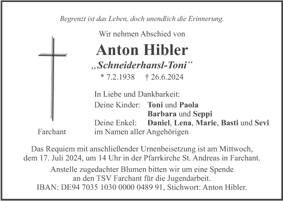 Todesanzeige von Anton Hibler von merkurtz