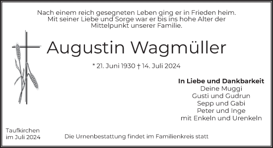 Todesanzeige von Augustin Wagmüller von merkurtz