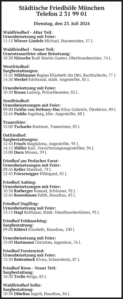 Todesanzeige von Beerdigungen vom 23.07.2024 von merkurtz
