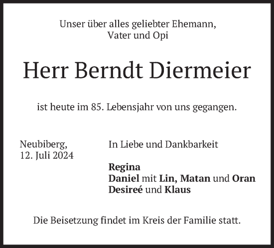 Todesanzeige von Berndt Diermeier von merkurtz