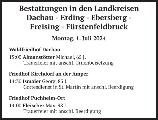 Todesanzeige von Bestattungen vom 01.07.2024 von merkurtz