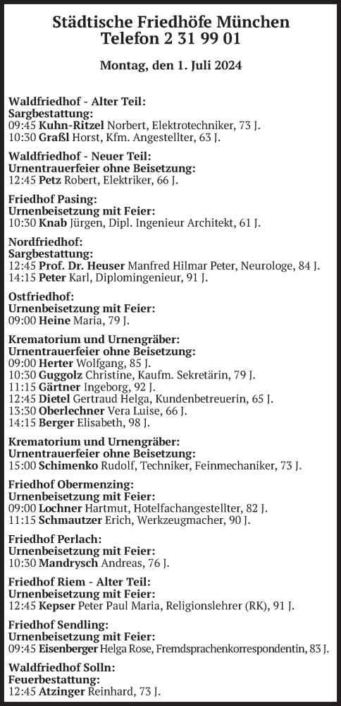 Todesanzeige von Bestattungen vom 01.07.2024 von merkurtz