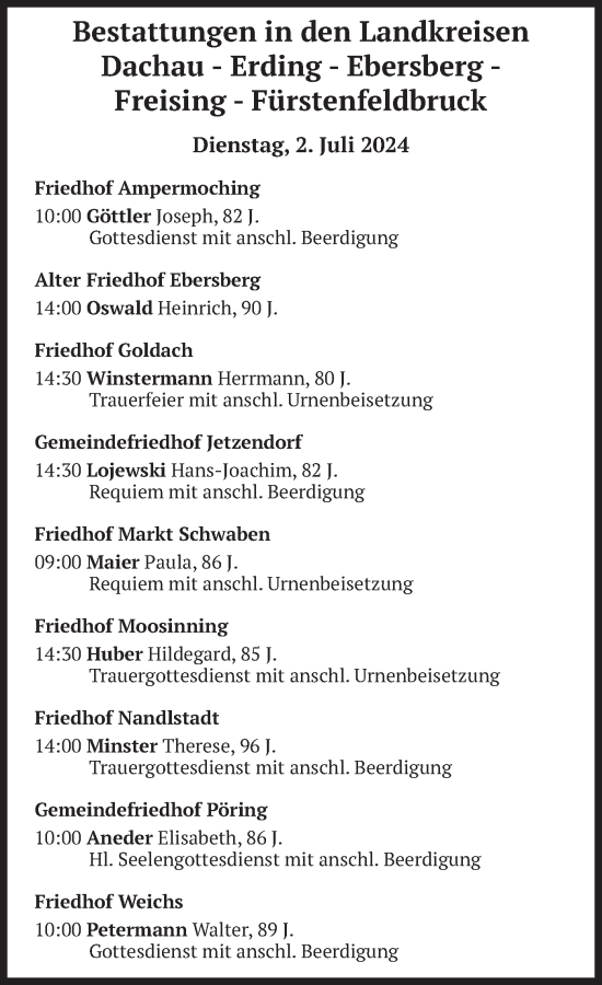 Todesanzeige von Bestattungen vom 02.07.2024 von merkurtz