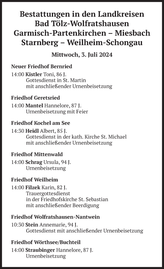 Todesanzeige von Bestattungen vom 03.07.2024 von merkurtz