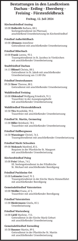 Todesanzeige von Bestattungen vom 12.07.2024 von merkurtz