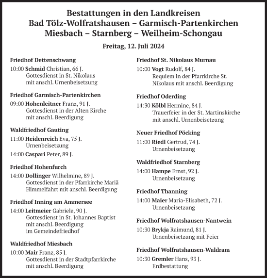 Todesanzeige von Bestattungen vom 12.07.2024 von merkurtz