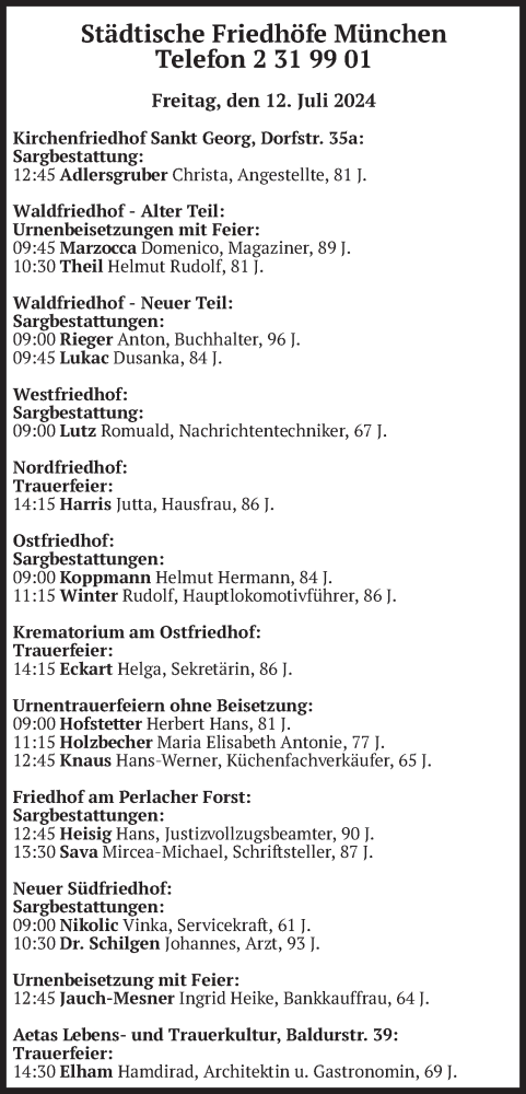 Todesanzeige von Bestattungen vom 12.07.2024 von merkurtz