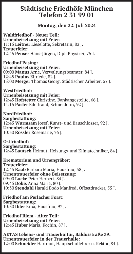Todesanzeige von Bestattungen vom 22.07.2024 von merkurtz