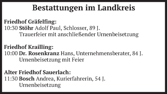 Todesanzeige von Bestattungen vom 29.07.2024 von merkurtz