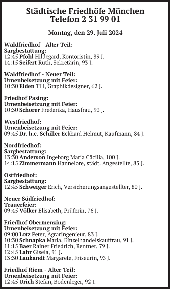Todesanzeige von Bestattungen vom 29.07.2024 von merkurtz