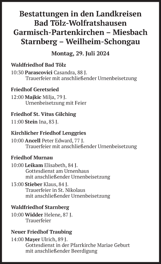 Todesanzeige von Bestattungen vom 29.07.2024 von merkurtz