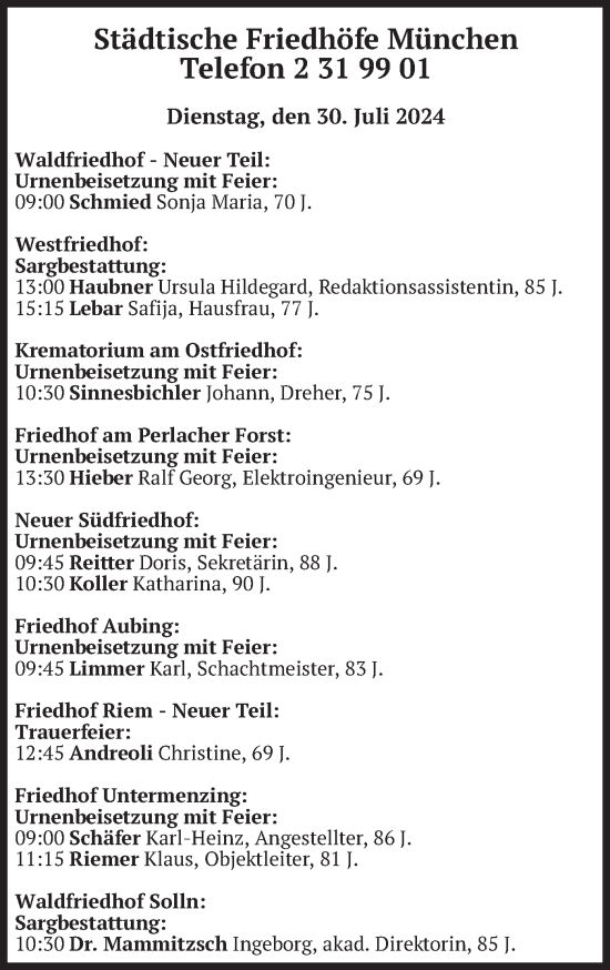 Todesanzeige von Bestattungen vom 30.07.2024 von merkurtz
