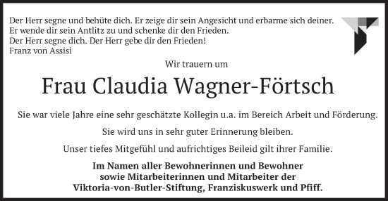 Todesanzeige von Claudia Wagner-Förtsch von merkurtz