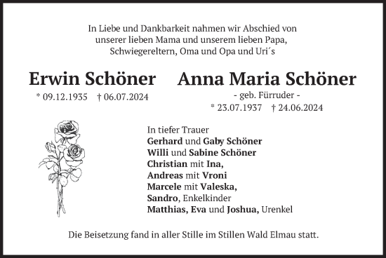 Todesanzeige von Erwin und Anna Maria Schöner von merkurtz