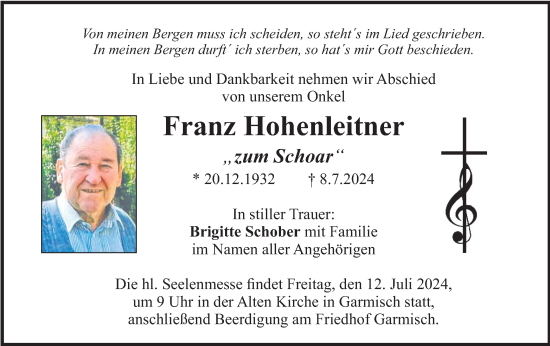 Todesanzeige von Franz Hohenleitner von merkurtz