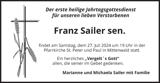 Todesanzeige von Franz Sailer sen. von merkurtz