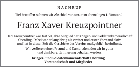 Todesanzeige von Franz Xaver Kreuzpointner von merkurtz