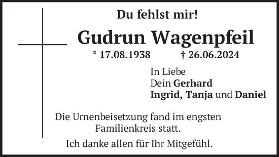 Todesanzeige von Gudrun Wagenpfeil von merkurtz