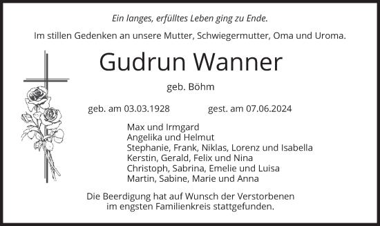 Todesanzeige von Gudrun Wanner von merkurtz