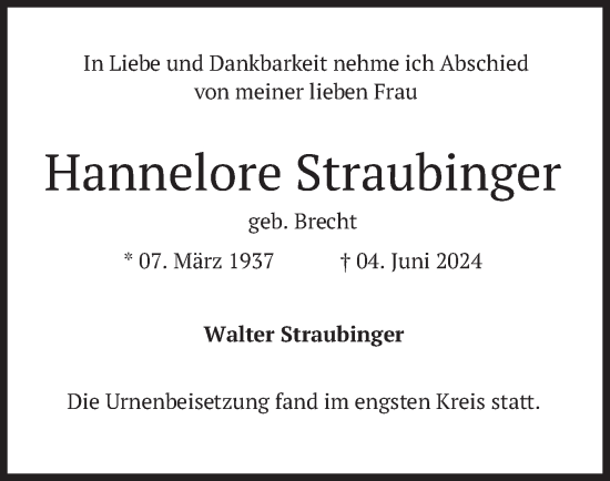 Todesanzeige von Hannelore Straubinger von merkurtz