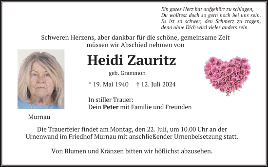 Todesanzeige von Heidi Zauritz von merkurtz