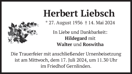 Todesanzeige von Herbert Liebsch von merkurtz