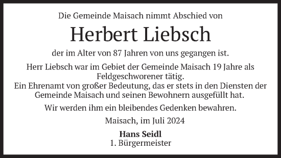 Todesanzeige von Herbert Liebsch von merkurtz