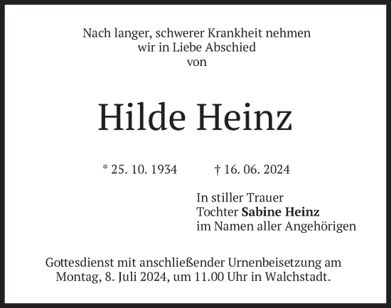 Todesanzeige von Hilde Heinz von merkurtz
