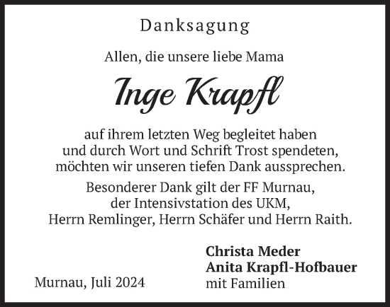 Todesanzeige von Inge Krapfl von merkurtz