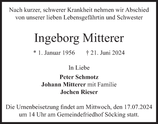Todesanzeige von Ingeborg Mitterer von merkurtz