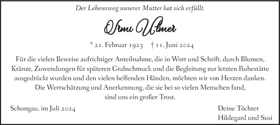 Todesanzeige von Irmi Ulmer von merkurtz