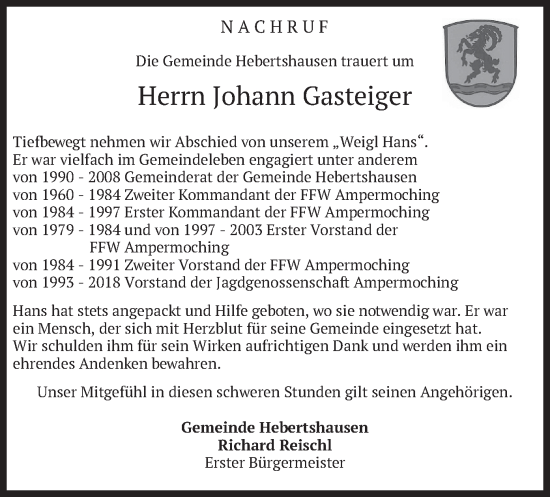 Todesanzeige von Johann Gasteiger von merkurtz