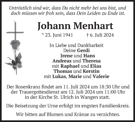 Todesanzeige von Johann Menhart von merkurtz