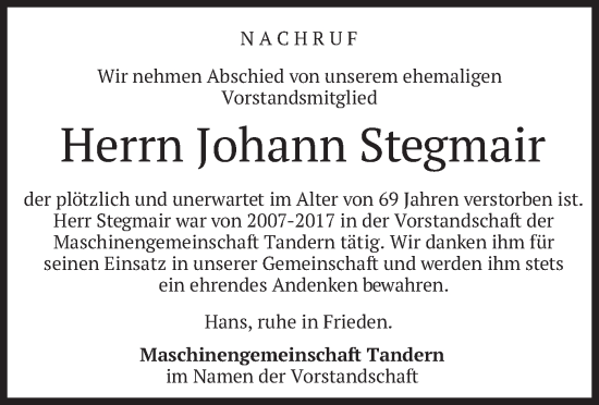 Todesanzeige von Johann Stegmair von merkurtz