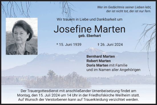 Todesanzeige von Josefine Marten von merkurtz