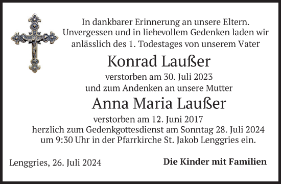 Todesanzeige von Konrad und Anna Maria Laußer von merkurtz