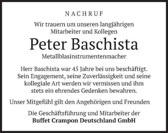 Todesanzeige von Peter Baschista von merkurtz