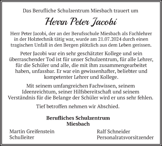 Todesanzeige von Peter Jacobi von merkurtz