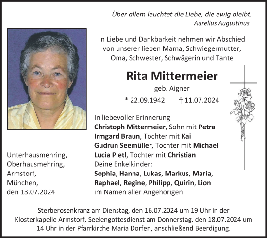 Todesanzeige von Rita Mittermeier von merkurtz