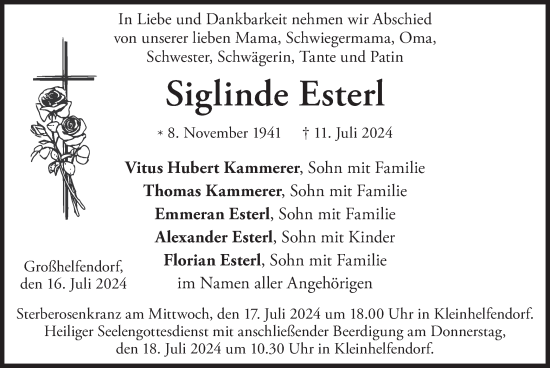 Todesanzeige von Siglinde Esterl von merkurtz