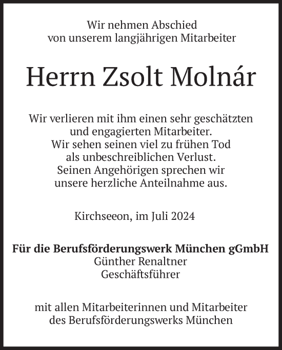 Todesanzeige von Zsolt Molnár von merkurtz