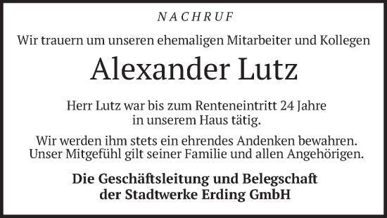 Todesanzeige von Alexander Lutz von merkurtz