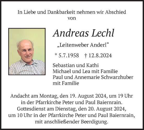 Todesanzeige von Andreas Lechl von merkurtz