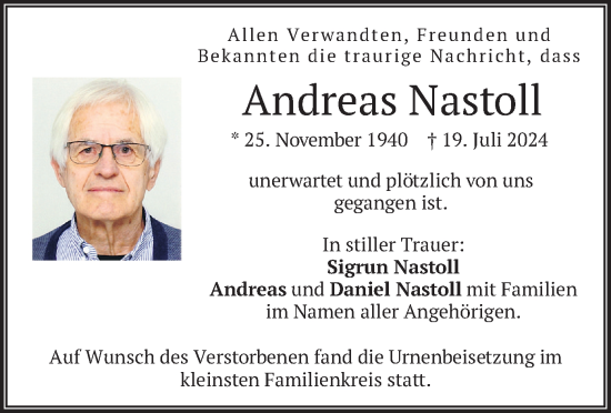 Todesanzeige von Andreas Nastoll von merkurtz