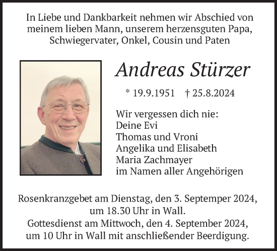 Todesanzeige von Andreas Stürzer von merkurtz