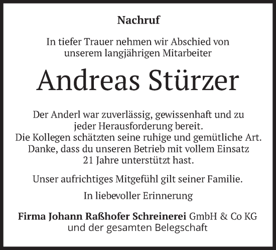 Todesanzeige von Andreas Stürzer von merkurtz
